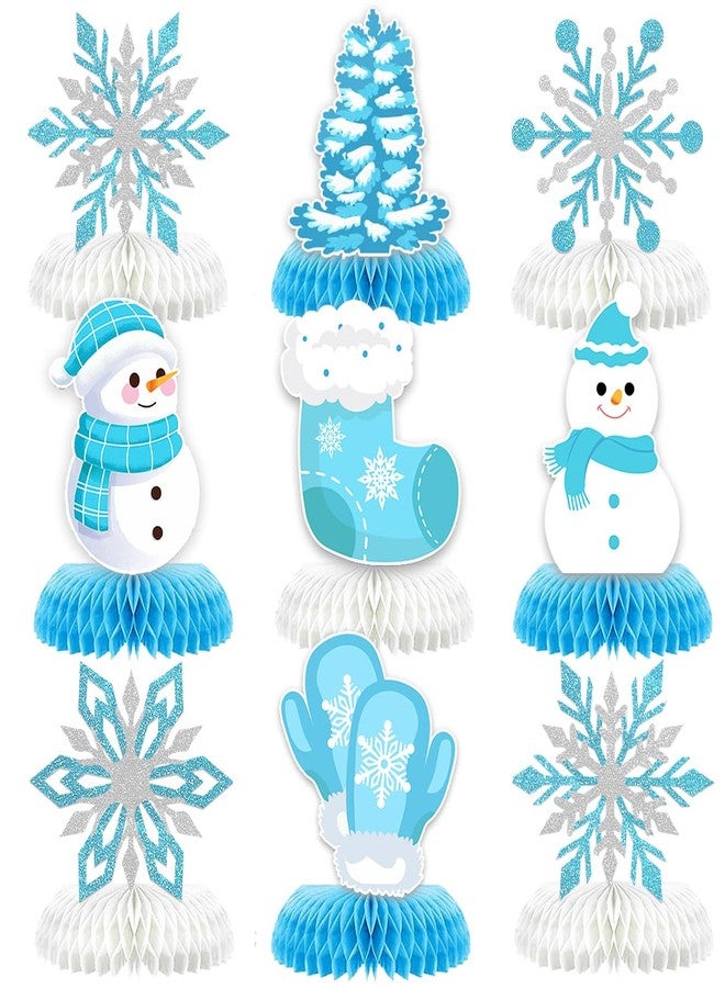 Moitkptt 9Pcs Winter Wonderland Decorations 3D Snowflake Honeycomb Table Centerpieces for Frozen Winter Blue White Theme Christmas Baby Shower Birthday Party Supplies (Snowman Blue) - Image 1